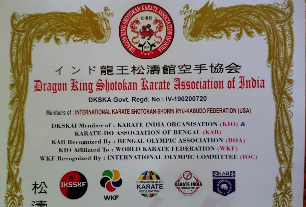 Official DKSKA Certificate of Association showing government registration number IV-190200720 and international affiliation chain up to the IOC
